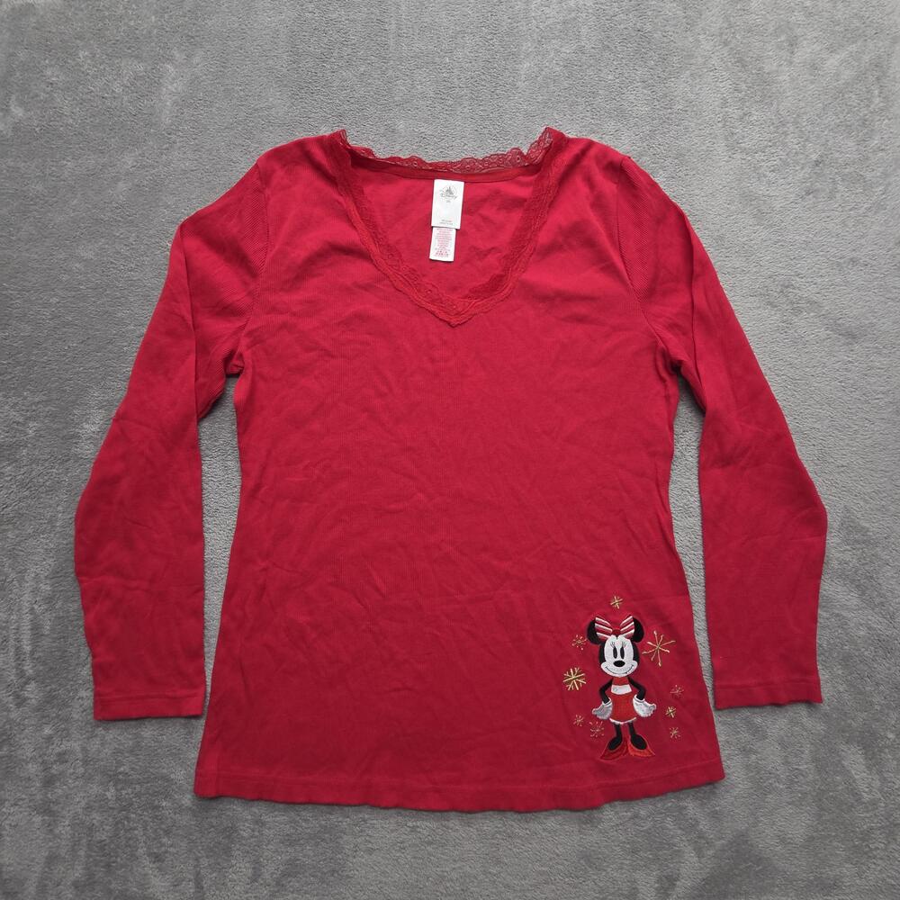 Disney Shirt Womens 2XL Red V-Neck Minnie Embroidered Long Sleeve Jersey